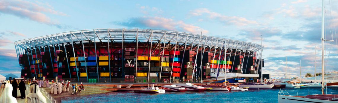 The Ras Abu Aboud stadium is made of shipping containers